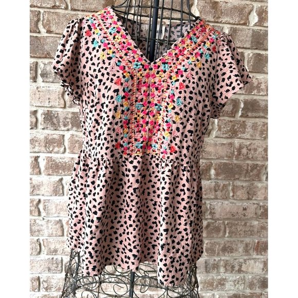 Savanna Jane Leopard Print Blouse Sz S Embroidered Artsy Flowy Sleeves Boho Fest - Picture 5 of 12